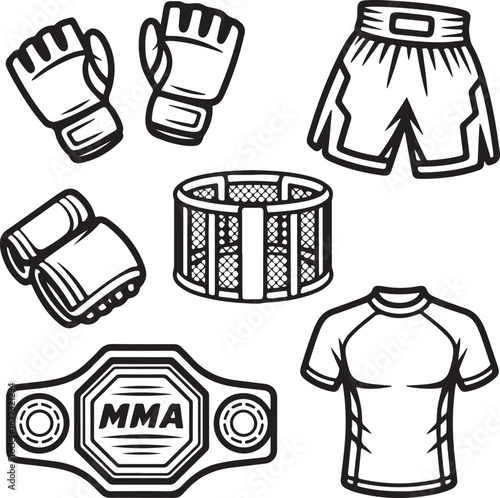 Gloves, Shorts, Mouthguard, Wraps, Cage, Belt, and Rash Guard
