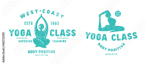 Body positive yoga class emblem. Graphic design with typographic and silhouettes of girl in asana. Green print with rough texture on white background