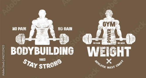 Sport emblem with powerlifter silhouette. Graphic design with rough texture for t-shirt. Black print on white background