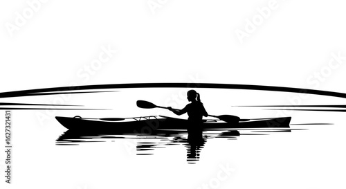 serene silhouette of a kayaker paddling at sunset, isolated on transparent background – a minimalist vector illustration for design projects