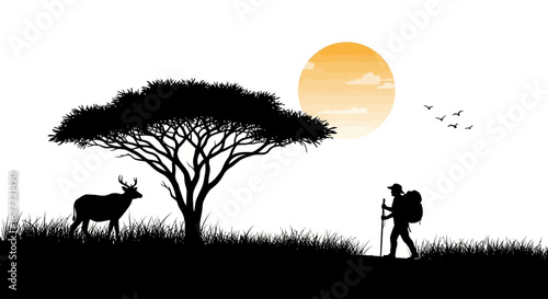 serene sunset silhouette: hiker, deer, and acacia tree isolated on a transparent background – vector illustration for travel, adventure, and nature designs