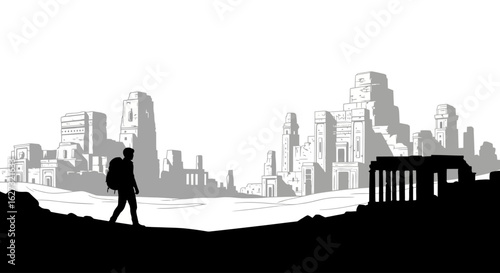 silhouette of a lone traveler with backpack trekking towards ancient ruins at dawn, a minimalist illustration isolated on a transparent background.