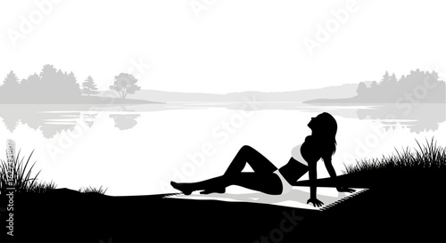serene lakeside relaxation: silhouette of a woman sunbathing on a towel by a calm lake, isolated on a transparent background