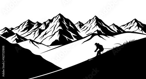 dramatic silhouette of a skier descending a mountain slope against a majestic black and white mountain range, isolated on a transparent background