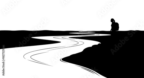 serene silhouette of a hiker contemplating a winding river: a minimalist black and white illustration isolated on a transparent background