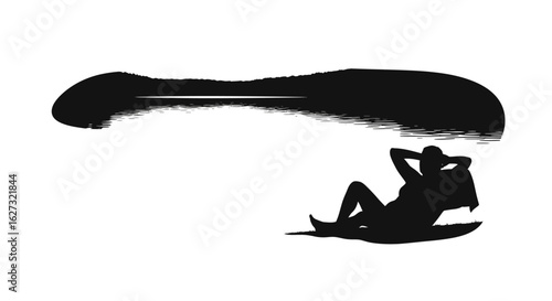 serene silhouette of a woman relaxing by a tranquil lake at sunset, isolated on a transparent background – perfect for wellness and travel designs