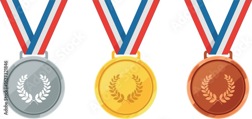 Three olympic medals gold silver bronze with red white blue ribbons isolated on white