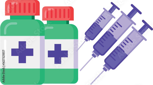 Two green medicine bottles with red caps and purple crosses next to three syringes with purple liquid