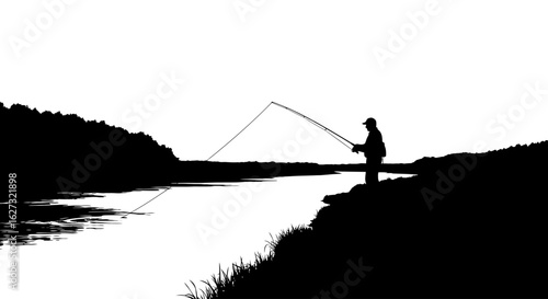 serene silhouette of a fisherman casting his line on a tranquil river at sunset, isolated on a transparent background