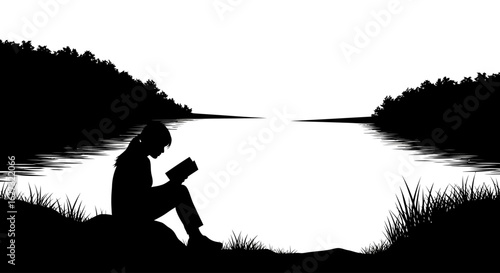 serene lakeside silhouette: woman reading a book by calm water, isolated on transparent background