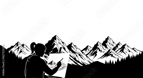 silhouette of a female artist painting a majestic mountain range landscape, isolated on a transparent background – a striking black and white illustration