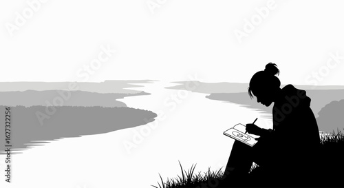 serene silhouette of a young woman sketching by a river, isolated on transparent background: a peaceful landscape illustration