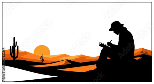 serene sunset silhouette: a person writing in a desert landscape, isolated on a transparent background