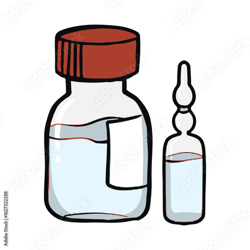 Vaccine Vial and Ampoule Vector Illustration Vector drawing of medical vaccine bottle and glass ampoule, commonly used in immunization and injection treatment.