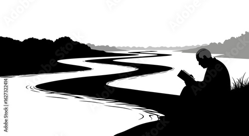 serene silhouette of a man reading by a meandering river: a peaceful landscape illustration isolated on transparent background