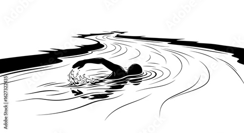 high angle view of a silhouette of a swimmer gracefully navigating a serpentine river, isolated on a transparent background – black and white line art illustration