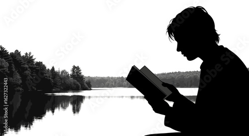 serene lakeside silhouette: a person immersed in reading a book by a calm lake, isolated on transparent background