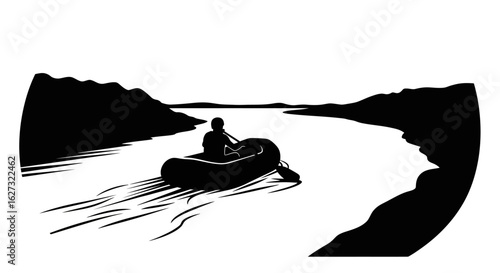 serene river journey: a silhouette illustration of a person rowing a raft down a calm river, isolated on a transparent background.