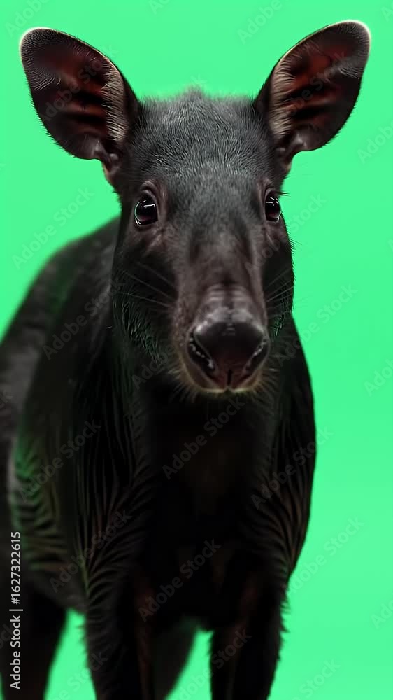 Striking Close-Up Portrait of a Dark-Coated Hoofed Mammal with Prominent Ears, Looking Directly Ahead Against a Vibrant Green Studio Background Striking Close-Up Portrait of a Dark-Coated Hoofed Mammal with Prominent Ears, Looking Directly Ahead Against a Vibrant Green Studio Background