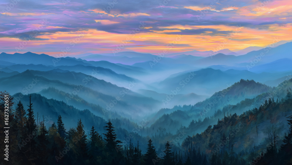 Obraz premium wonderful autumn scenery, incredible autumn view in the mountains,Sunset Over Layered Mountains in Great Smoky Mountains National Park