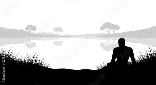serene lakeside silhouette: a contemplative man's peaceful reflection by a calm lake, isolated on transparent background, vector illustration