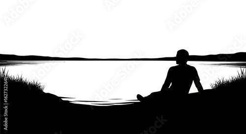 serene lakeside silhouette: a man contemplating the tranquil water, isolated on a transparent background   vector illustration