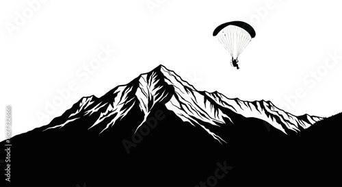 dramatic silhouette of paraglider soaring over majestic mountain range, isolated on transparent background – perfect for adventure and travel designs