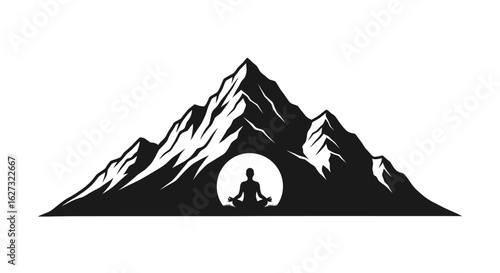 serene silhouette: meditative figure in mountain cave, isolated on transparent background   vector illustration