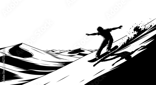 dynamic silhouette of a snowboarder carving down a desert dune, isolated on transparent background: a bold vector illustration