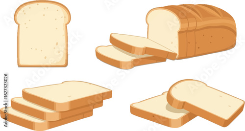 Collection of sliced white bread loaves and individual slices on a white background
