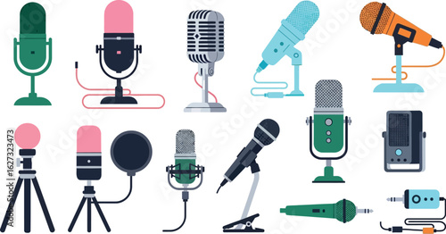 Collection of diverse microphones for recording and broadcasting showcasing various styles and designs