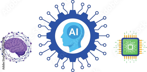 Artificial intelligence brain chip and human head silhouette with ai text and circuitry