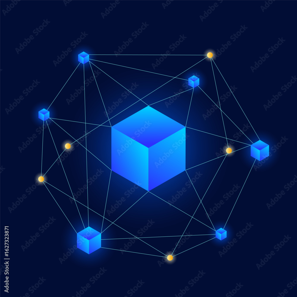 3D isometric gradient blockchain cube connection with node bitcoin link icon. Virtual futuristic cryptocurrency trade. 3D neon crypto currency orbit network system for financial tech with glow effect.