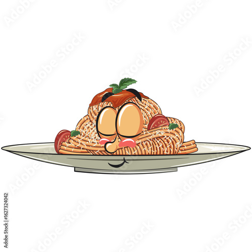 cute spaghetti mascot cartoon was sleeping, funny pasta character vector on plate with tomato sauce and cheese, work of hand drawn