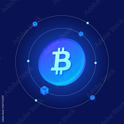 Bitcoin around by gradient blockchain cube icon. Virtual cryptocurrency trade. 3D neon crypto currency orbit network system connection with investment link system for financial tech with glow effect.