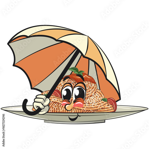 cute spaghetti mascot cartoon with an umbrella, funny pasta character vector on plate with tomato sauce and cheese, work of hand drawn