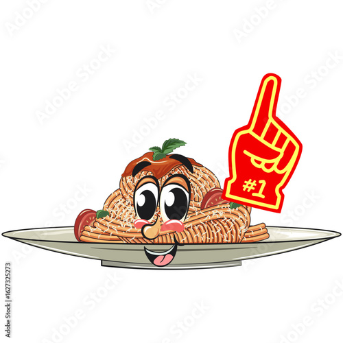 cute spaghetti mascot cartoon raise foam finger, funny pasta character vector on plate with tomato sauce and cheese, work of hand drawn