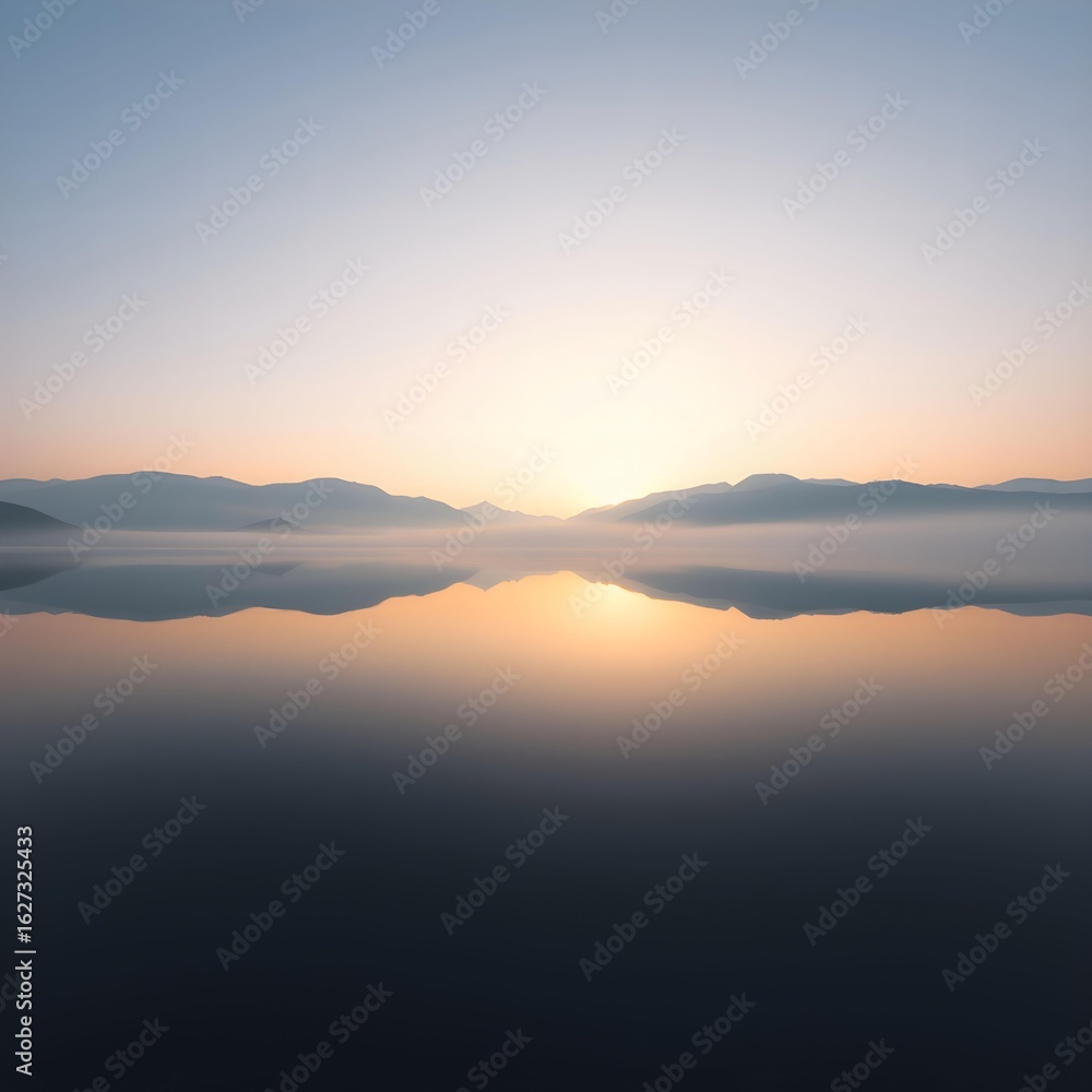 Naklejka premium Serene Misty Lake with Mountain Reflections at Sunrise or Sunset