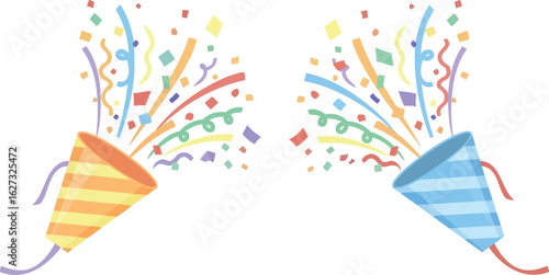 Two party poppers exploding with colorful confetti and streamers against a white background