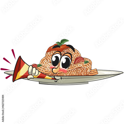 cute spaghetti mascot cartoon blow the party horn trumpet, funny pasta character vector on plate with tomato sauce and cheese, work of hand drawn