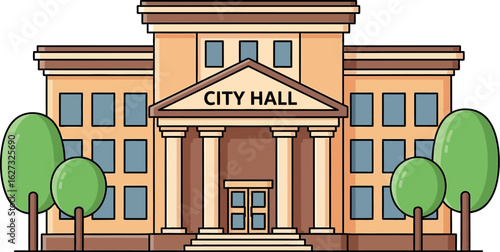 Illustration of a classic city hall building with columns and trees in a flat design style