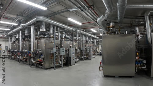 Industrial Boiler Room with Heating Systems - This video depicts a large industrial boiler room featuring multiple heating systems lined up in neat rows.