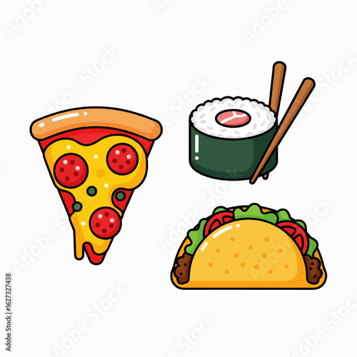 Cartoon illustration of a pizza slice, sushi roll, and taco.