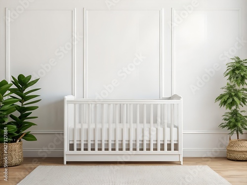 White Baby Crib in Minimalist Nursery with Plants