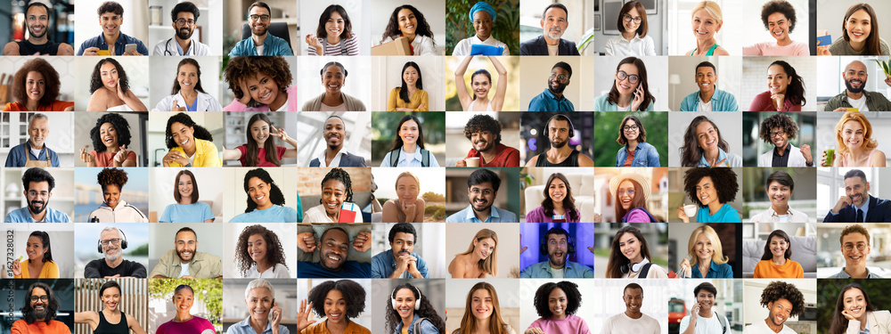 Fototapeta premium A colorful collage showcases a diverse group of happy individuals from various backgrounds, smiling brightly against different backdrops.