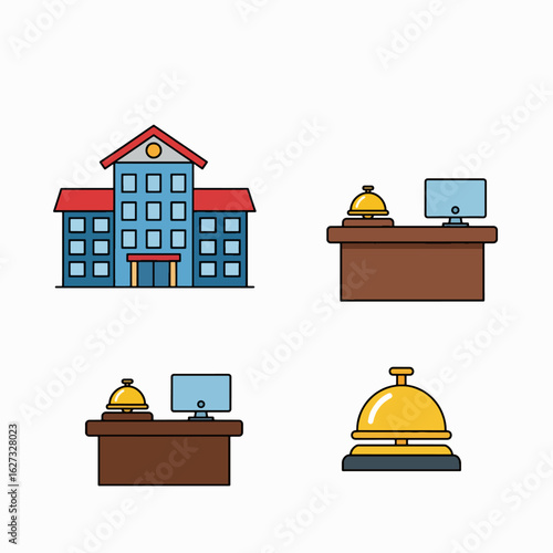 Cartoon illustrations of a hotel building, reception desks, and service bells.