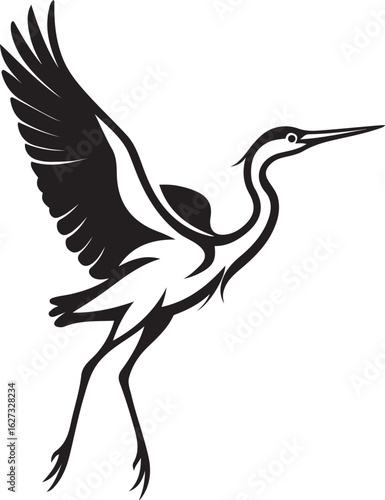 Flying heron bird illustration black and white, Graceful bird vector design