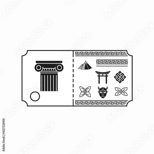 A ticket design featuring a column on one side and various cultural symbols like a pyramid and torii gate on the other.