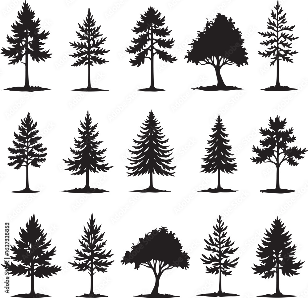Obraz premium Pine Tree Silhouette Vector BundleEvergreen Tree SVG Clipart SetChristmas Tree Silhouettes for Cricut & Laser Cut