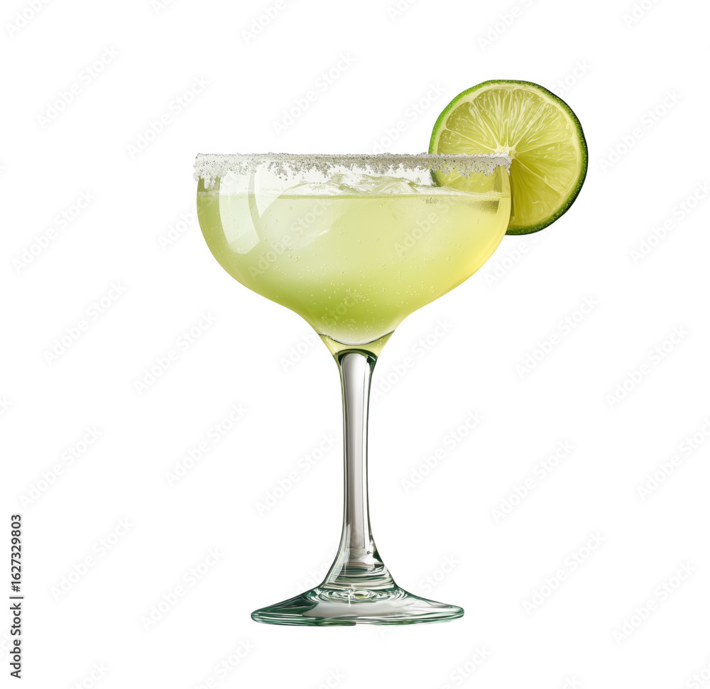 Elegant margarita cocktail in a glass with salt rim and lime wedge against transparent background Elegant margarita cocktail in a glass with salt rim and lime wedge against transparent background